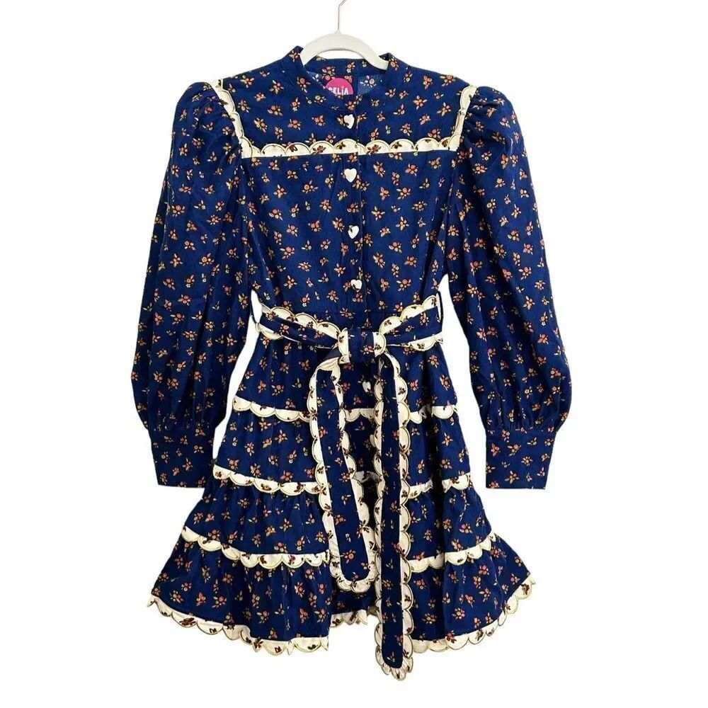 CeliaB Karisismi Tiered Scalloped Trim Mini Dress Blue Women's Size Large